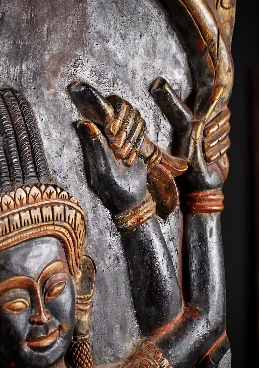 Dancing Vishnu Hindu Wood Panel with Four Arms on Asura Demon, Made in Cambodia 79"