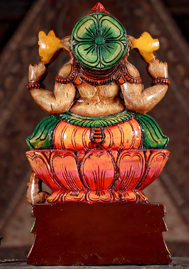 Ganesha Painted Wood Sculpture with Mango and Curled Trunk on Lotus Base 18"