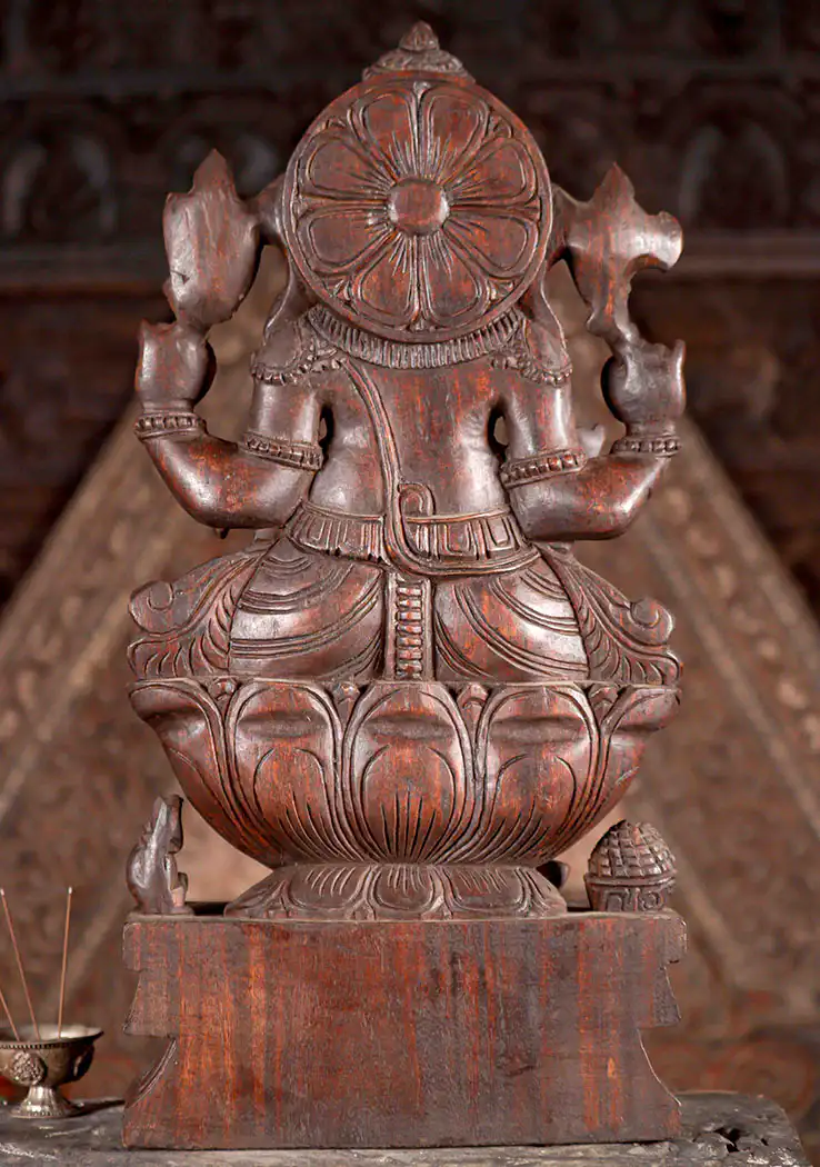 Ganesha Natural Hand-Carved Wooden Statue Seated on Lotus Base with Laddu 24"
