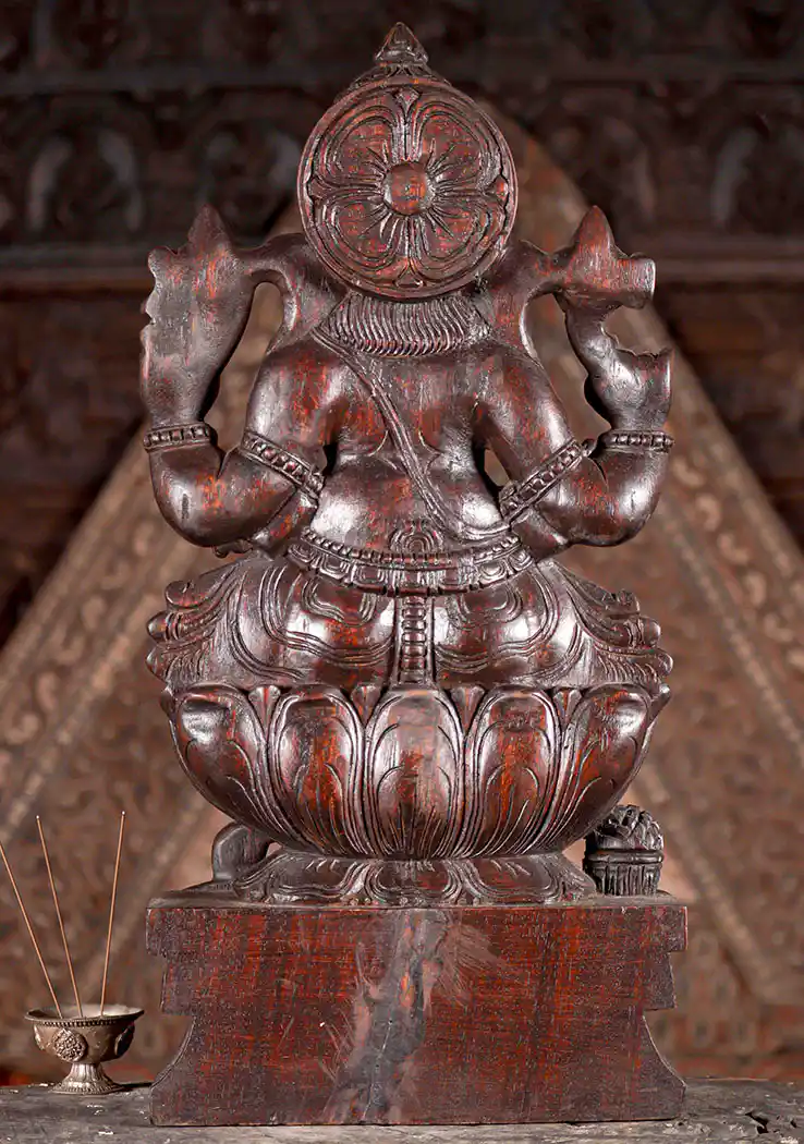 Ganesha Dark Wood Sculpture Seated in Lalitasana on Lotus Base with Modak and Laddu 24"