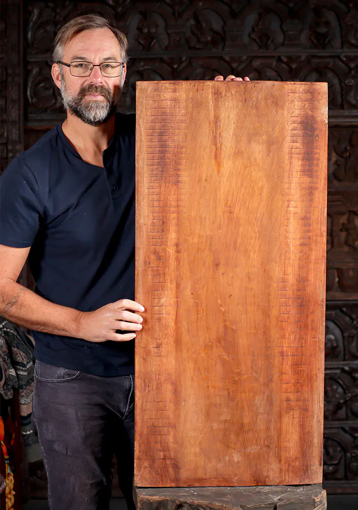 Rama and Sita Hand-Carved Wooden Panel with Bow and Deer in Jungle Canopy 39"