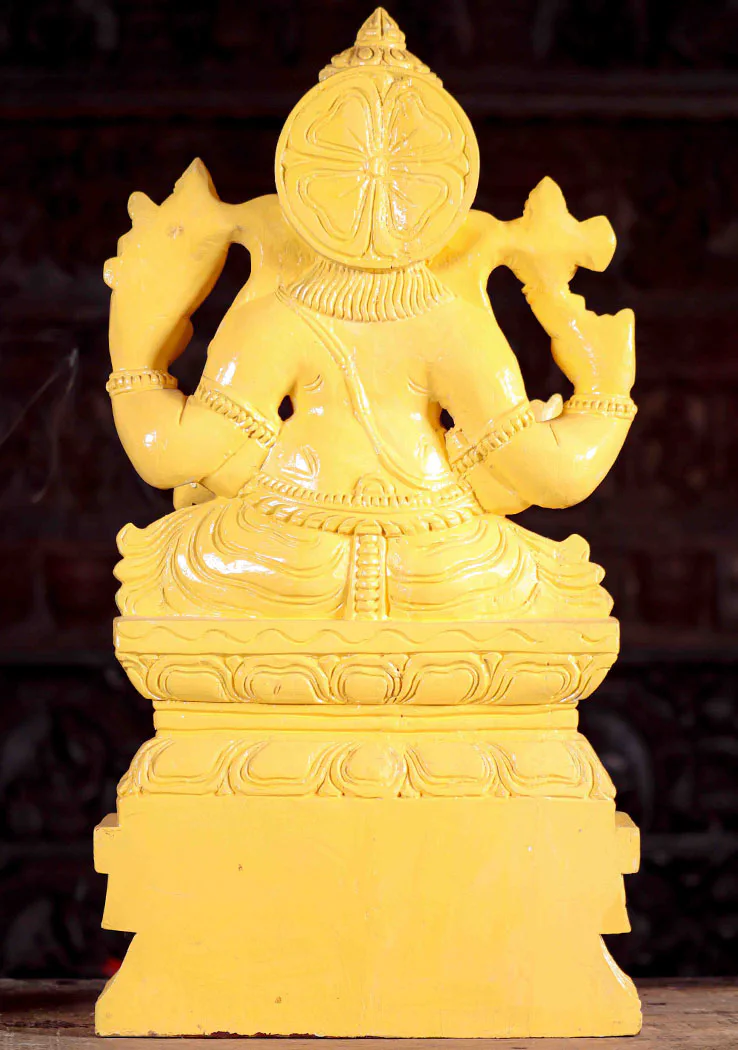 Ganesha Ivory Painted Wood Statue Seated in Lalitasana with Mango and Broken Tusk 24"