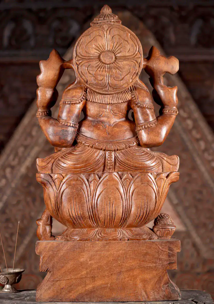 Ganesha Light Wood Sculpture Seated in Lalitasana on Lotus Base with Modak and Laddu 24"