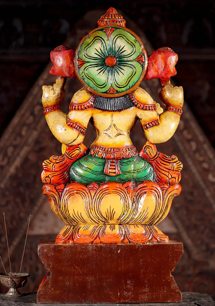 Lakshmi Painted Wood Sculpture Seated on Lotus Base in Abhaya and Varada Mudras 24"