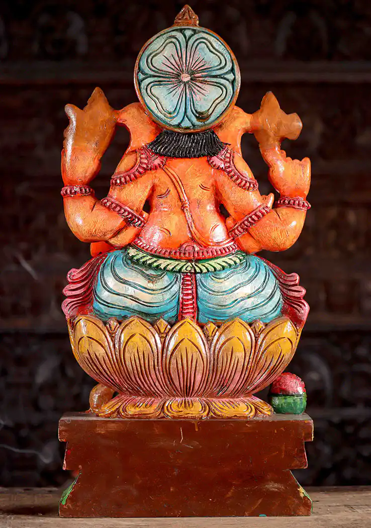 Ganesha Hand-Painted Wooden Statue Seated on Lotus Base with Mango Slice 24"