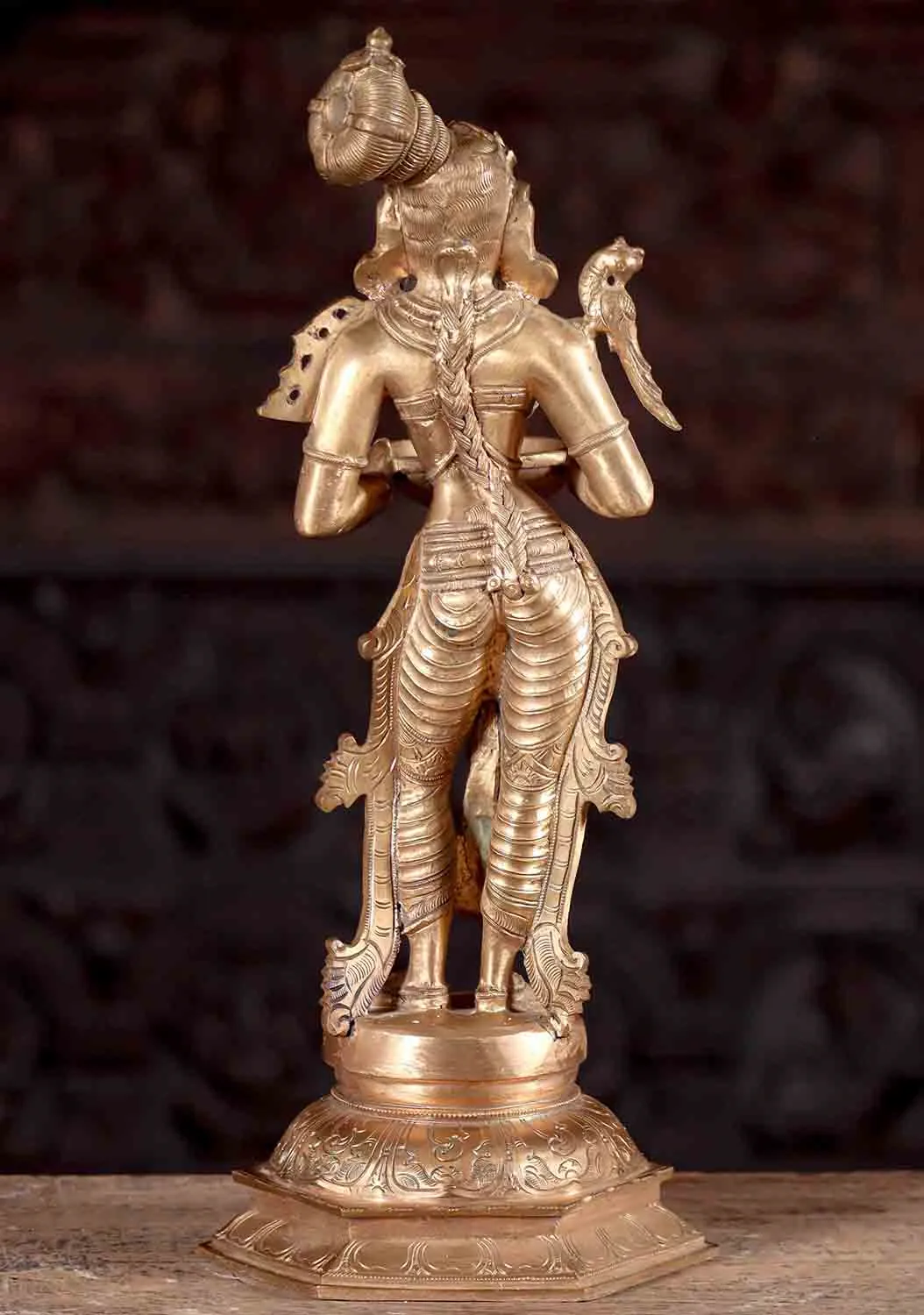 Lakshmi Deepam Polished Bronze Statue Pair with Parrots, Hindu Goddess of Wealth 19"