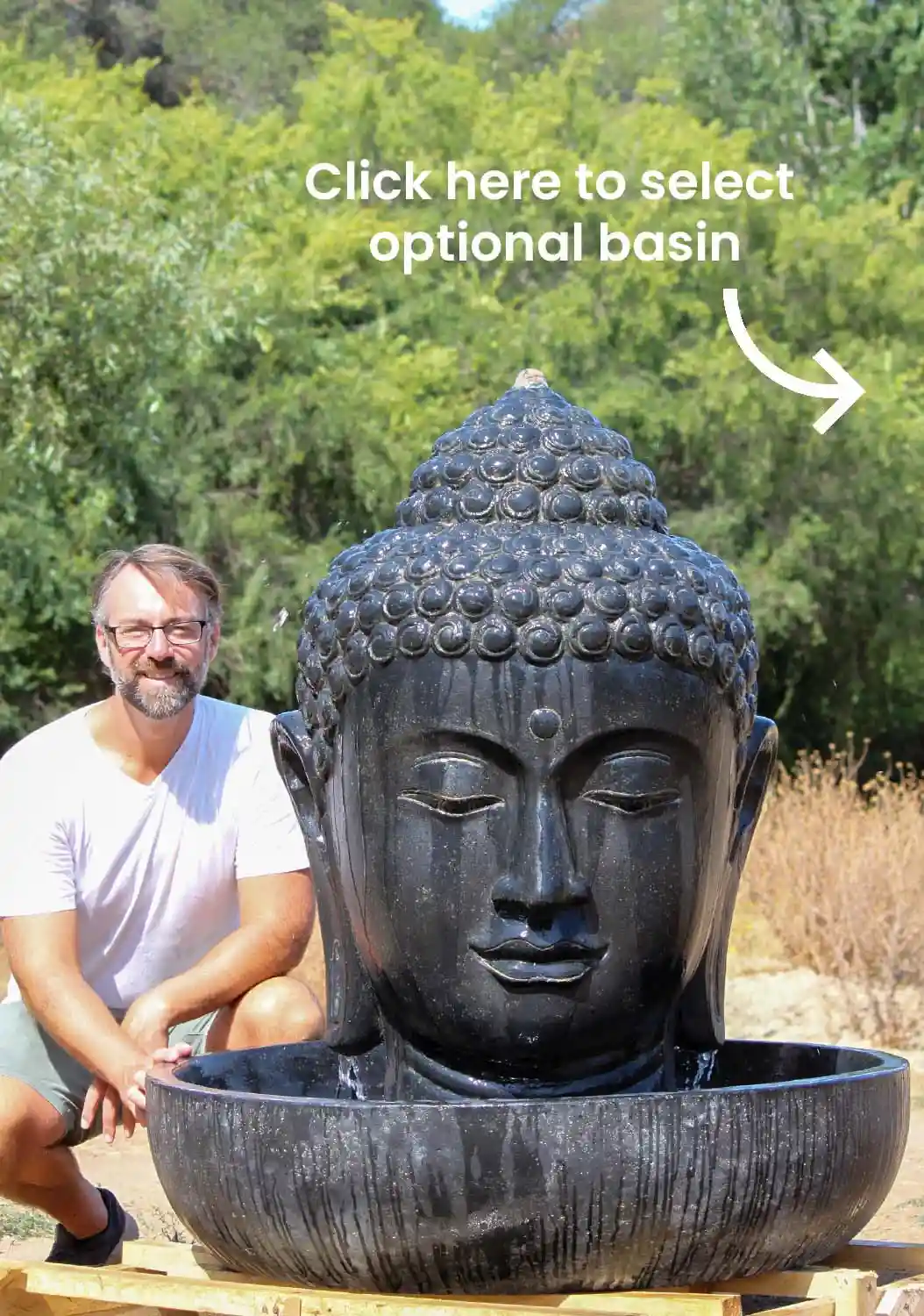 Buddha Head Fountain with 3rd Eye Perfect Water Feature for Garden 38", Optional Basin 48"