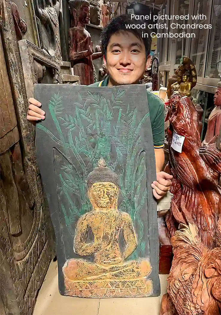 Buddha Hand-Carved Cambodian Wood Panel in Teaching Mudra Seated Under Bodhi Tree 34"