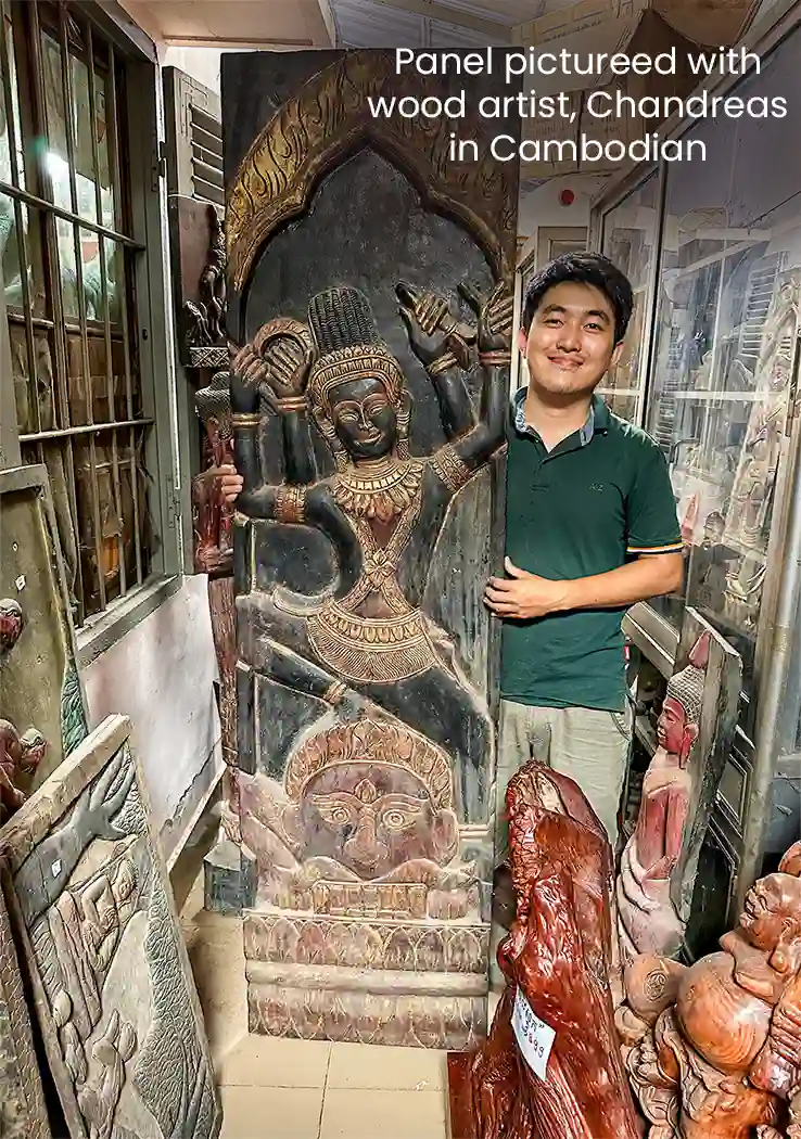 Dancing Vishnu Hindu Wood Panel with Four Arms on Asura Demon, Made in Cambodia 79"
