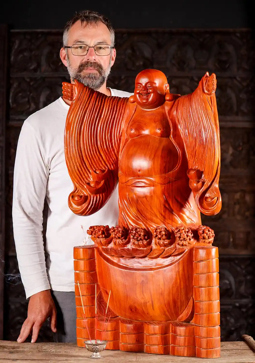 Welcoming Happy Buddha on Gold Coins with Ingots in Robes, Hand-Carved Wood Sculpture 35"