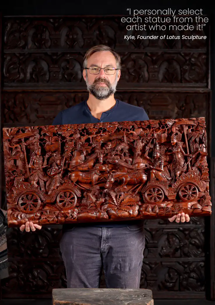 Mahabharata Epic Wooden Panel of Krishna & Arjuna Riding into Battle on Horse-Drawn Chariot 39"