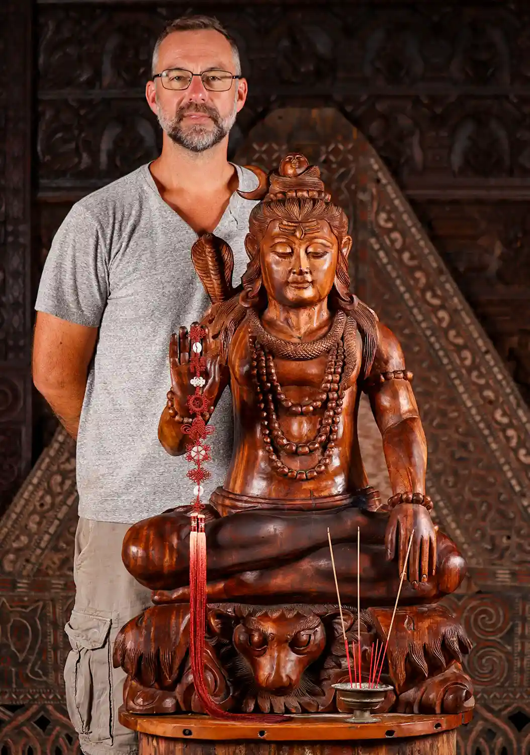 Shiva Wood Sculpture in Abhaya Mudra, Seated on Tiger Skin, Carved in Bali 39"