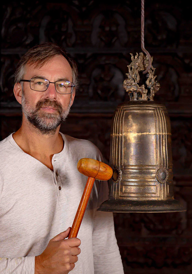 Brass Temple Bell Large with Ornate Dragon Handle Vietnamese Instrument 19"