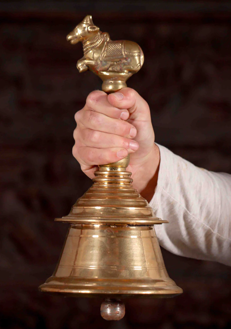 Large Bronze Puja Bell with Shiva's Bull Nandi, High Quality & Heavy Bronze Temple Bell 14"