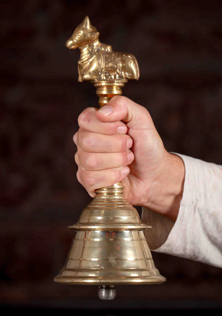 Medium Bell Shiva's Bull Nandi Polished Golden Bronze Handheld Hindu Instrument 12"