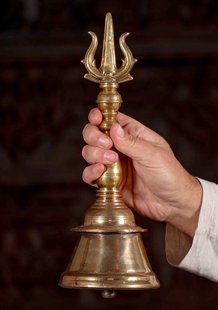 Bronze Puja Bell with Trident on Top of Shiva or Durga Hand Made in South India 13"