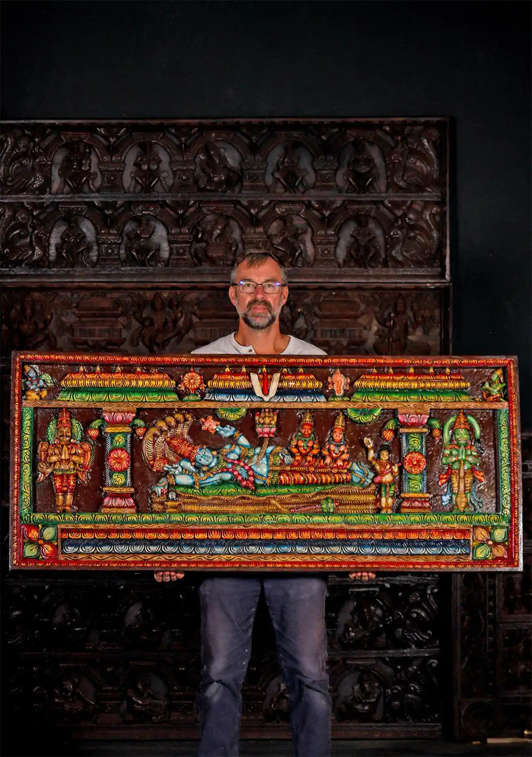 Birth of Brahma Painted Wood Panel with Reclining Vishnu, Hanuman, and Garuda 63"