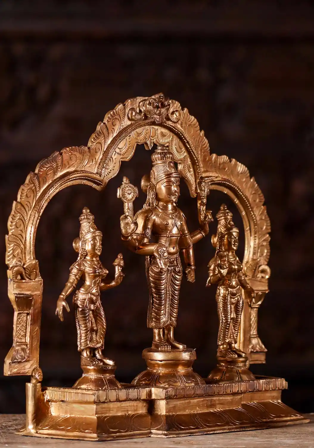 Vishnu with Bhudevi and Shreedevi Bronze Statue Set with Mahakala Arch 13"
