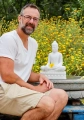 Buddha Statue in Earth Touching Mudra on Separate Lotus Base in White Marble 15"