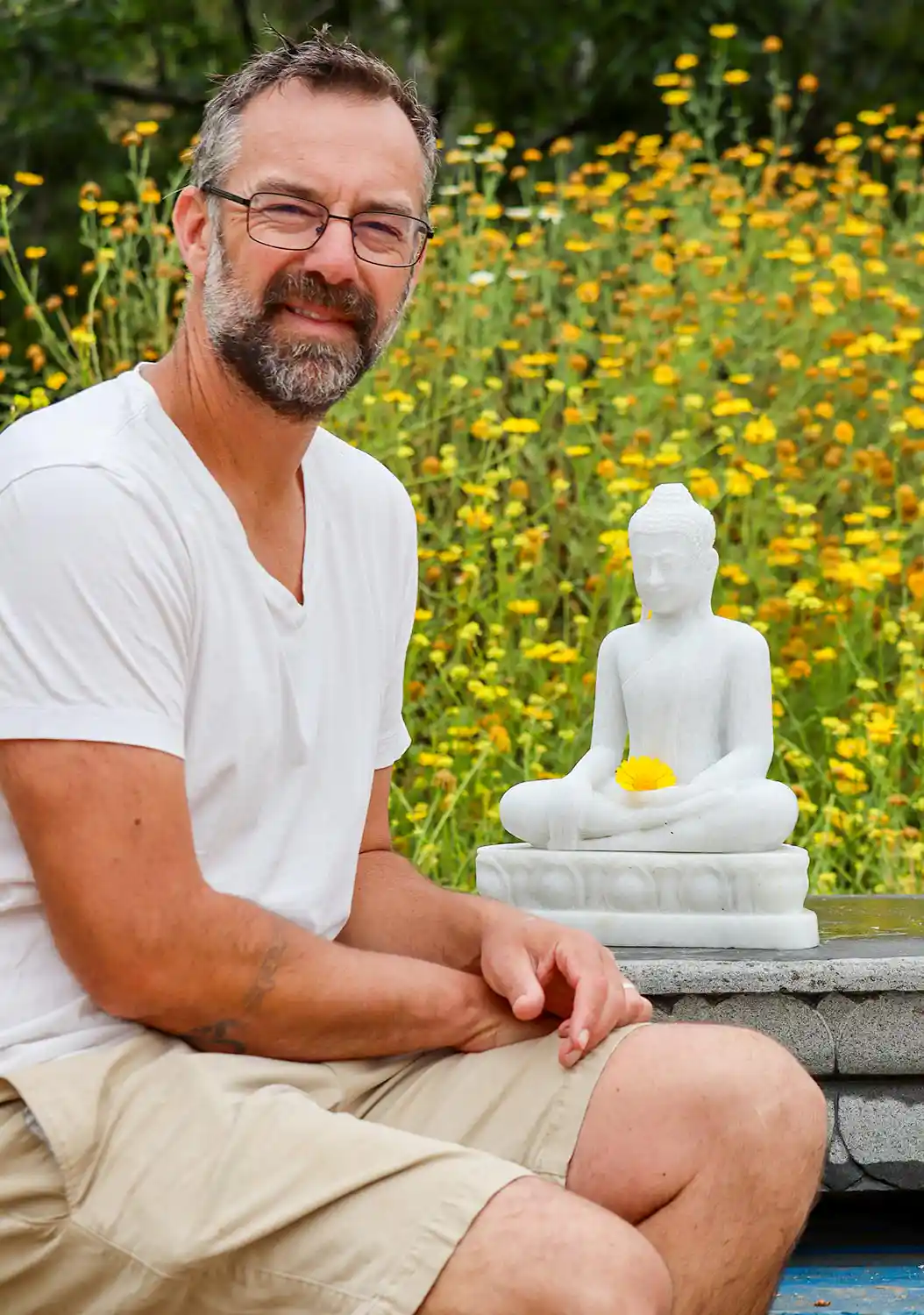 Small Buddha Statue Earth Touching on Lotus Base, Marble Garden Statue For All Weather 15"