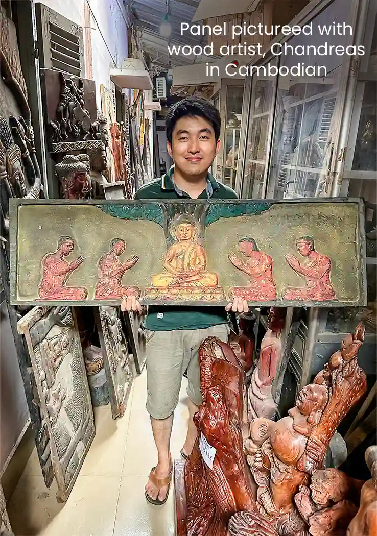 Buddha Teaching Four Disciples Under Bodhi Tree, Cambodian Hand-Painted Wood Panel 51.5"