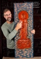 Buddha Wooden Wall Panel Concave Carving with Flowing Robes and Blue Background 46"