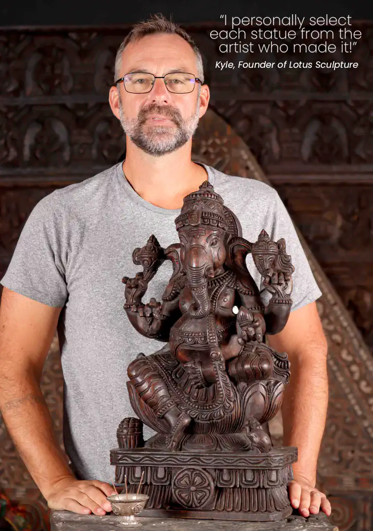 Ganesha Hand-Carved Natural Wood Statue on Lotus Base with Modak & Mooshika 24"