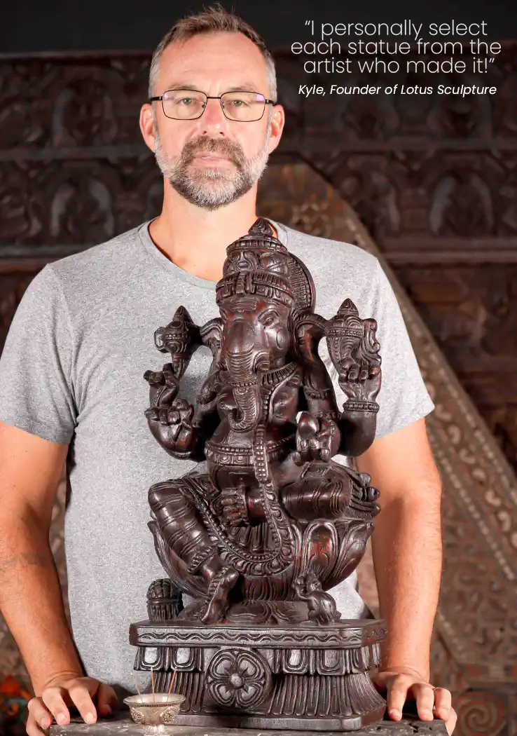 Ganesha Dark Wood Sculpture Seated in Lalitasana on Lotus Base with Modak and Laddu 24"