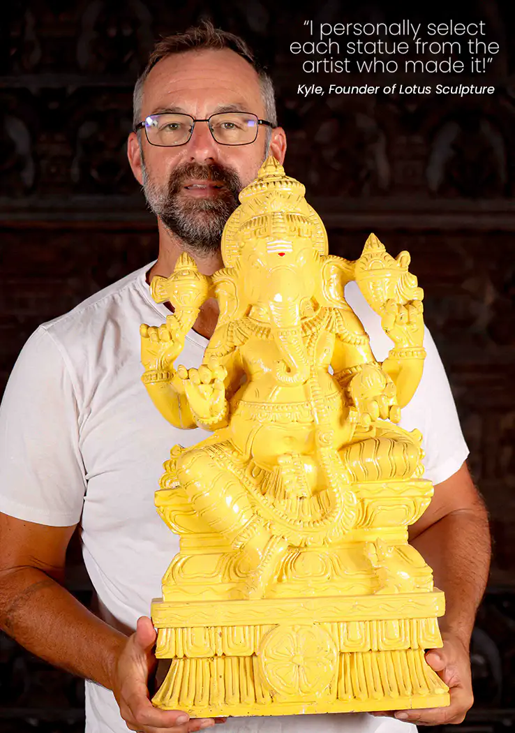 Ganesha Ivory Painted Wood Statue Seated in Lalitasana with Mango and Broken Tusk 24"
