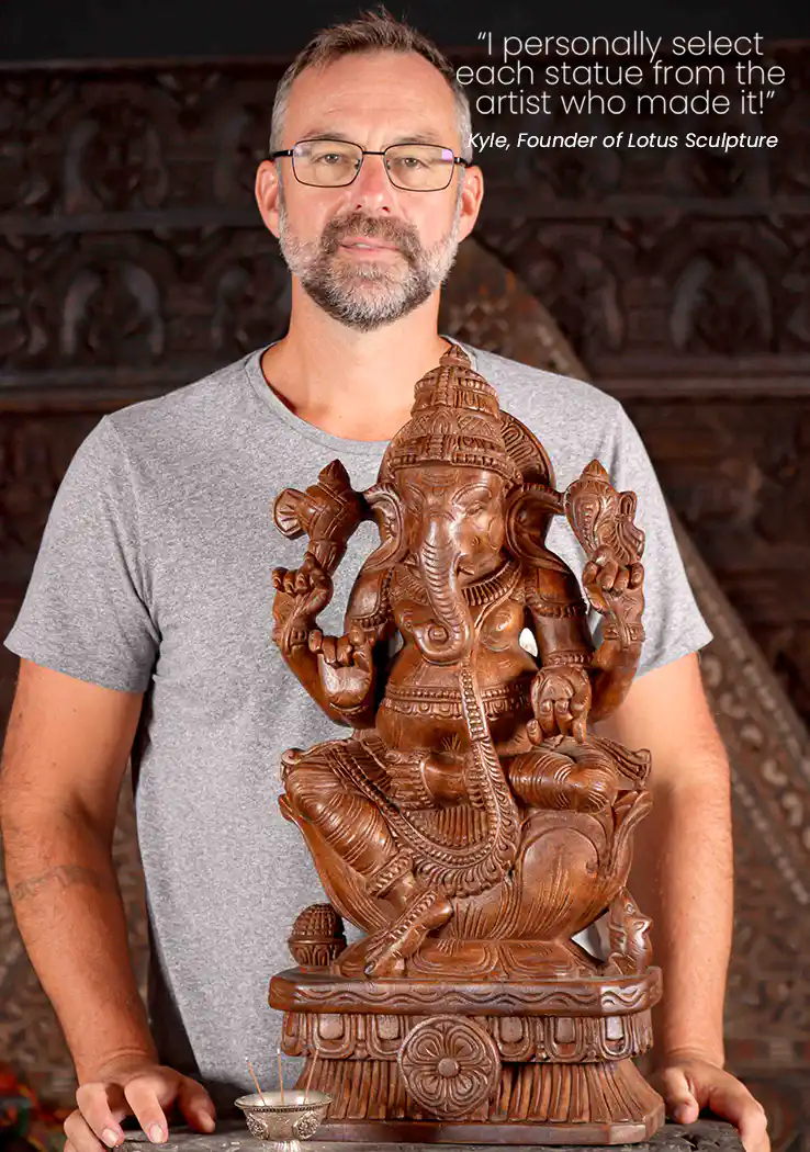Ganesha Light Wood Sculpture Seated in Lalitasana on Lotus Base with Modak and Laddu 24"