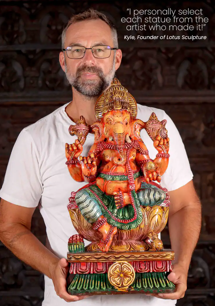 Ganesha Hand-Painted Wooden Statue Seated on Lotus Base with Mango Slice 24"