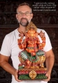 Ganesha Hand-Painted Wooden Statue Seated on Lotus Base with Mango Slice 24"