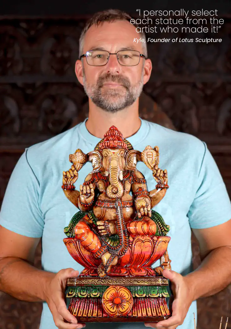 Ganesha Painted Wood Sculpture with Mango and Curled Trunk on Lotus Base 18"