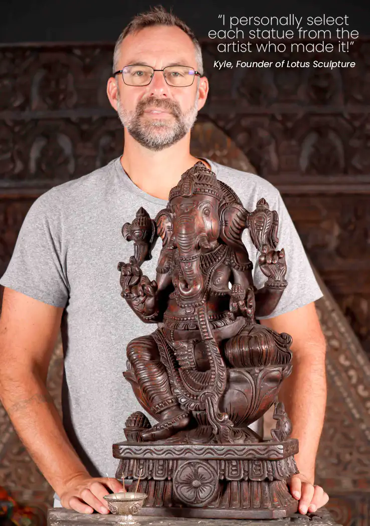 Ganesha Natural Hand-Carved Wooden Statue Seated on Lotus Base with Laddu 24"