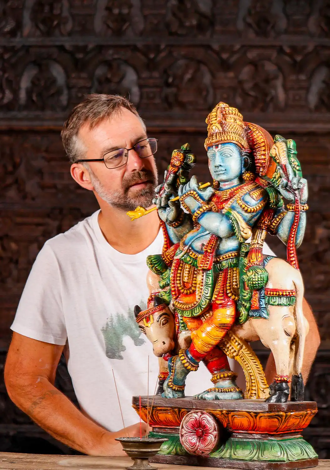 Krishna Hand-Painted Wood Sculpture Gopal Hindu God Playing Flute with Cow 30"