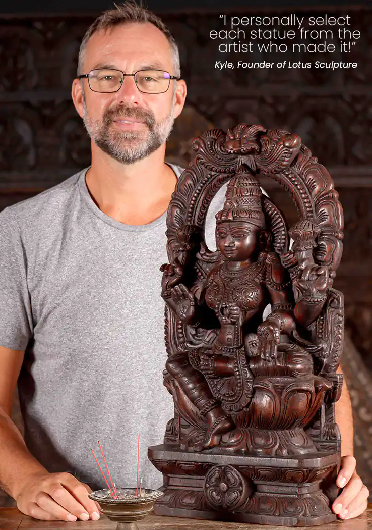 Lakshmi Natural Wood Sculpture Seated Under Mahakala Arch in Abhaya and Varada Mudras 24"