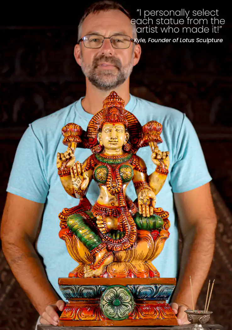 Lakshmi Painted Wood Sculpture Seated on Lotus Base in Abhaya and Varada Mudras 24"