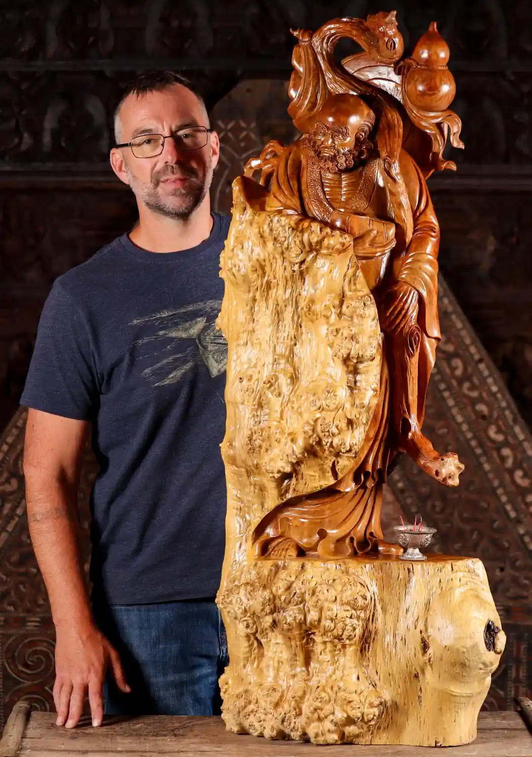 Bodhidharma Zen Master Burl Wood Statue with Bowl, Staff, and Flowing Robes 47"
