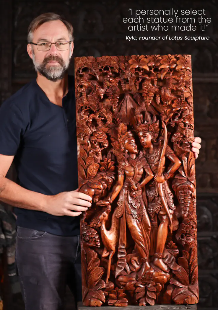 Rama and Sita Hand-Carved Wooden Panel with Bow and Deer in Jungle Canopy 39"