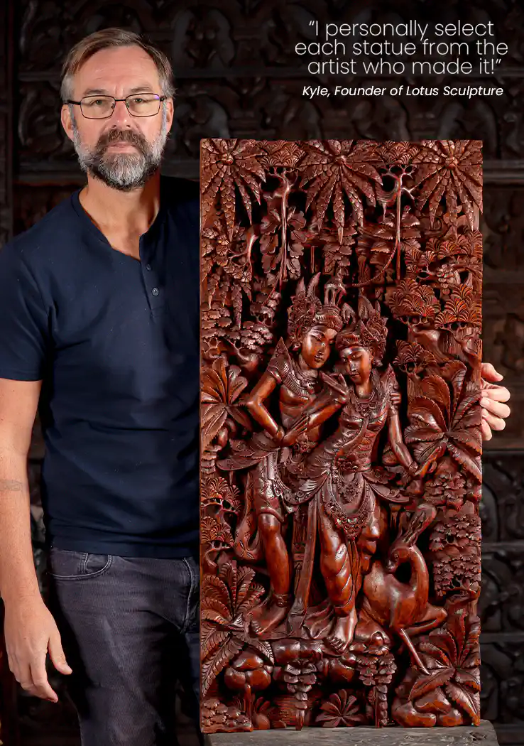 Rama and Sita Hand-Carved Wooden Hindu Wall Panel Depicting Divine Lovers in the Jungle 39"