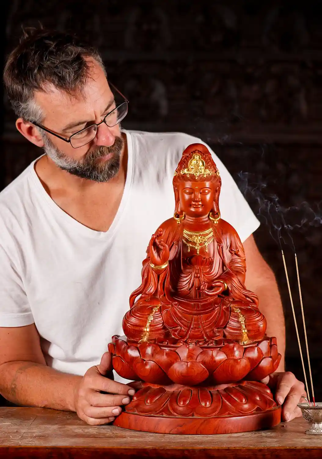 Kwan Yin Statue with Gold Leaf Accents, Wood Bodhisattva on Blooming Lotus Base 20"