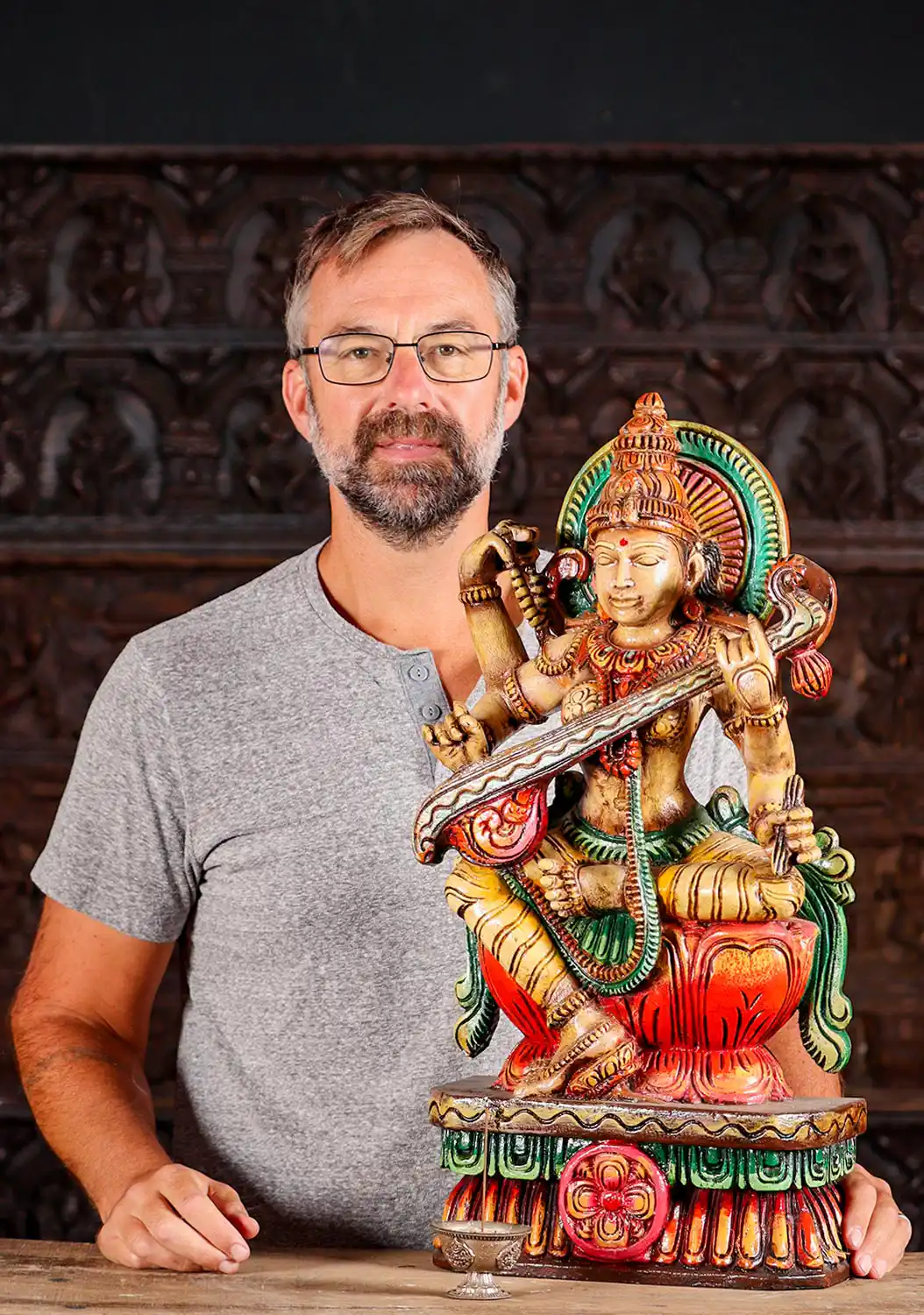 Saraswati Vibrant Wood Statue Hindu Goddess of Wisdom Playing Veena on Lotus 24"