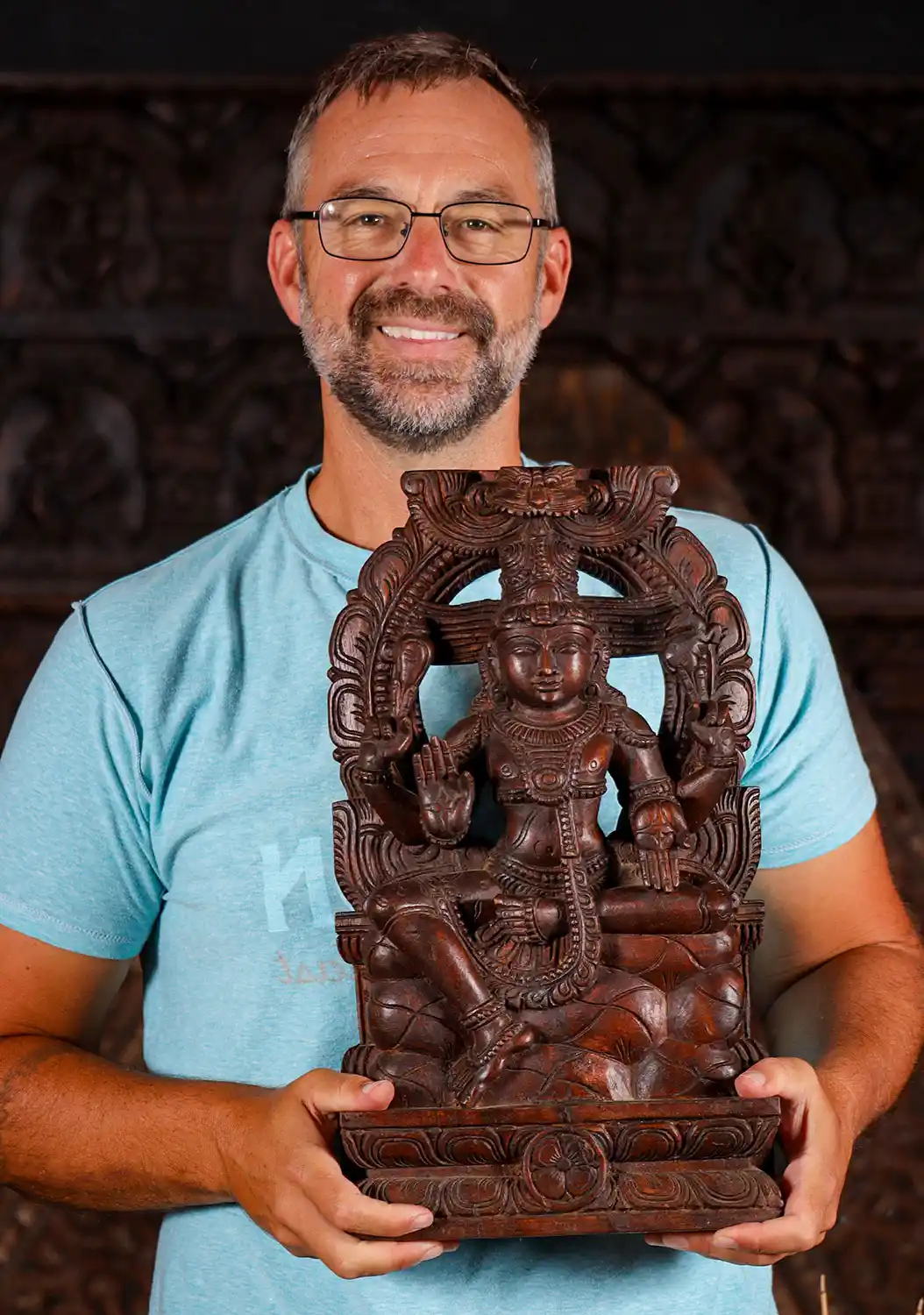 Shiva Hand-Carved Wooden Statue Seated on Mount Kailash with Mahakala Arch 18"
