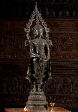 Tall Thai Walking Buddha Sculpture with Royal Attire & Beautiful Thai Style Flaming Arch 52" Tall Thai Walking Buddha Sculpture with Royal Attire & Beautiful Thai Style Flaming Arch 52"