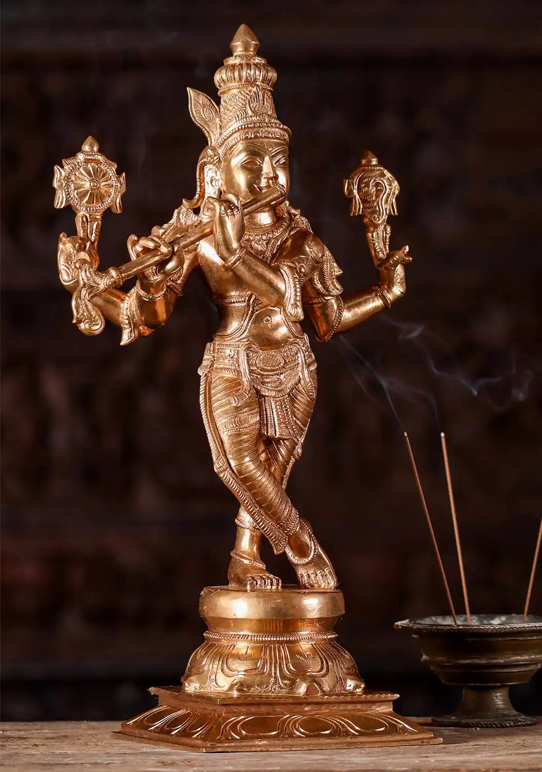 Venugopal Statue the Synthesis of Krishna & Vishnu in 1 Form Polished Golden Bronze 17"
