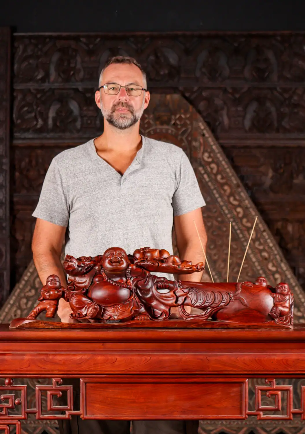 Hotei Happy Buddha with Three Children, Wood Carving Holding Lily Pad with Peaches 35"