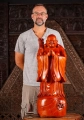 Hotei Buddha of Wealth Wood Sculpture with Wish Stick on Sack of Gold Coins 35"