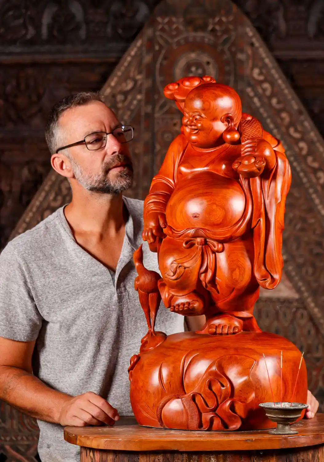 Hotei Buddha of Wealth Wood Sculpture with Crane and Wish Stick, on Gold Coins 31"