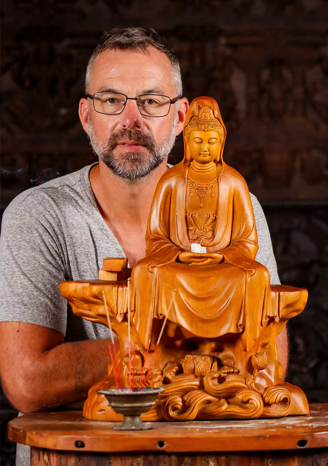 Kwan Yin Wood Statue Seated in Meditation on Mountain Throne with Waves 21"