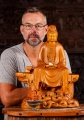Kwan Yin Wood Statue Seated in Meditation on Mountain Throne with Waves 21"